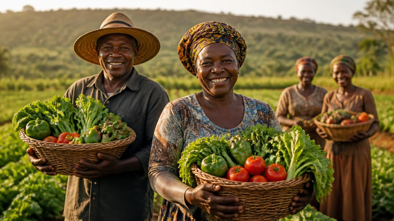 Smiling African farmers holding baskets of fresh vegetables