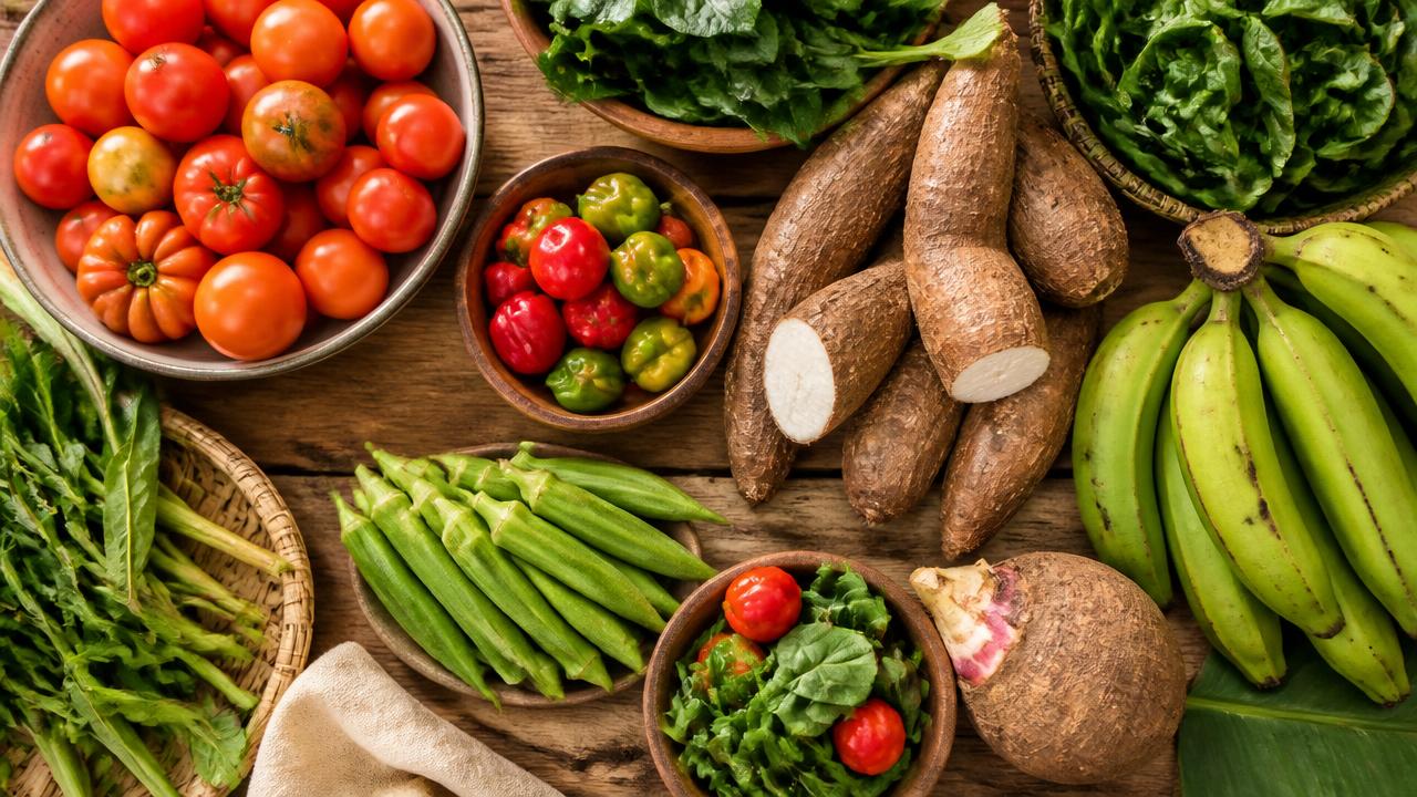 Colorful fresh farm produce including tomatoes, peppers, yams, and leafy greens